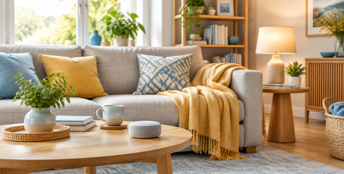 Gemütliches Wohnzimmer mit Sofa, Leuchte und Smart-Home-Lautsprecher